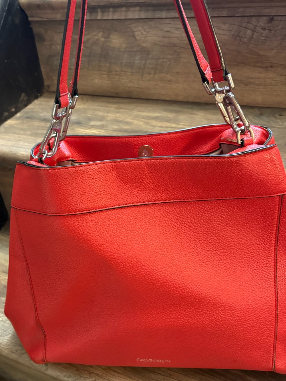 Calvin Klein Red Pebbled Leather Shoulder Bag